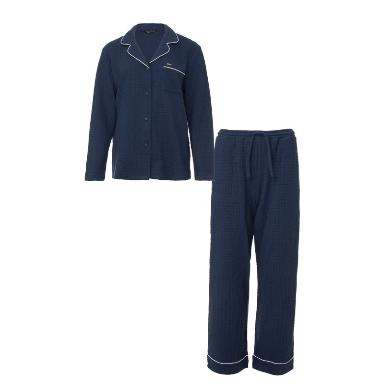 Women s Luxury Suite Waffle Pyjama Set In Marine Blue Medium Pretty You