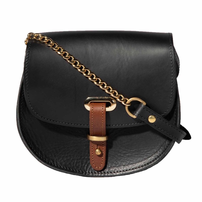 Thumbnail of Mini Victoria Full Grain Black Leather Crossbody Saddle Bag With Gold Chain image