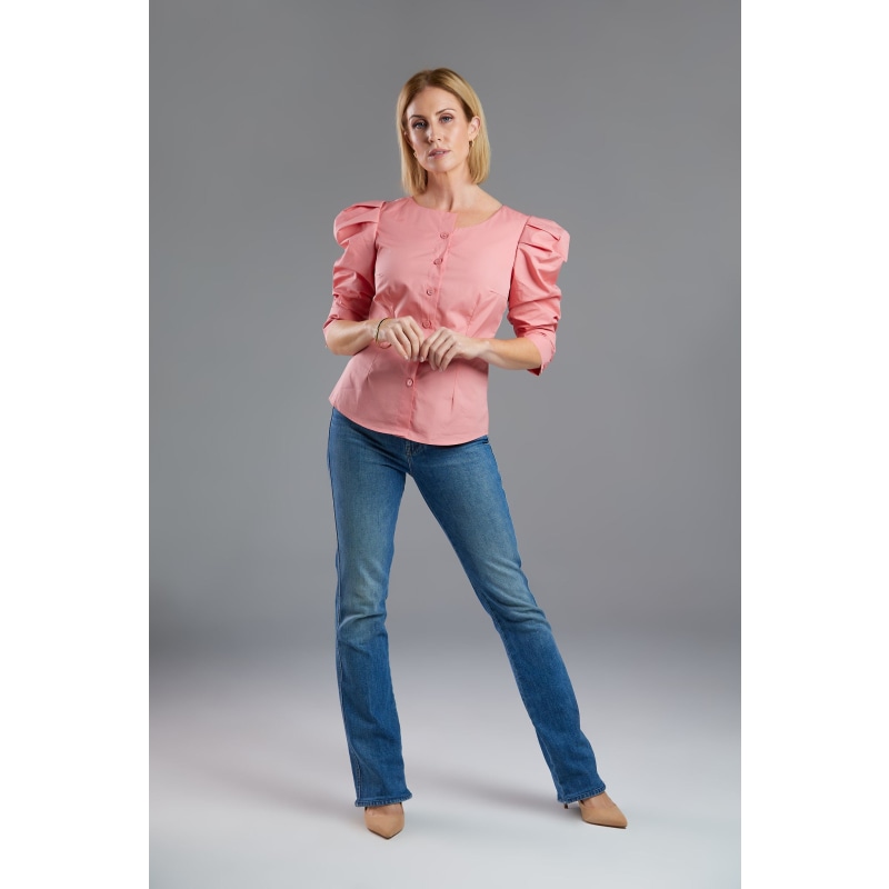 Thumbnail of Mauveglow Martina Cotton Ruched Sleeve And Asymmetrical Neckline Blouse image
