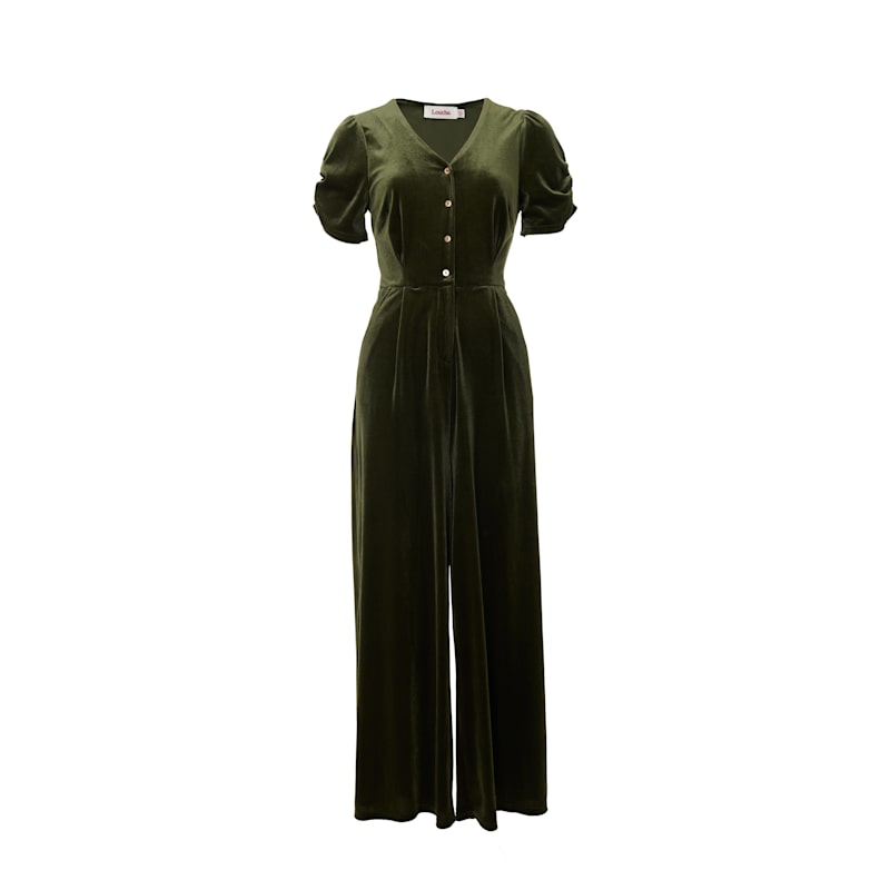 Lyes Velvet Short Sleeved Jumpsuit Sage by Louche
