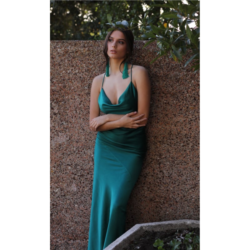 Thumbnail of Tulum Cowl Neck Satin Ankle Dress In Emerald Green image