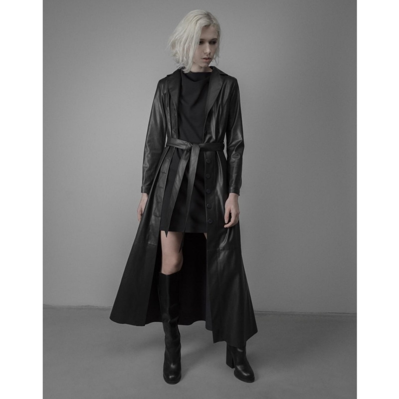 Thumbnail of Black Long Button-Up Eco-Leather Trench image