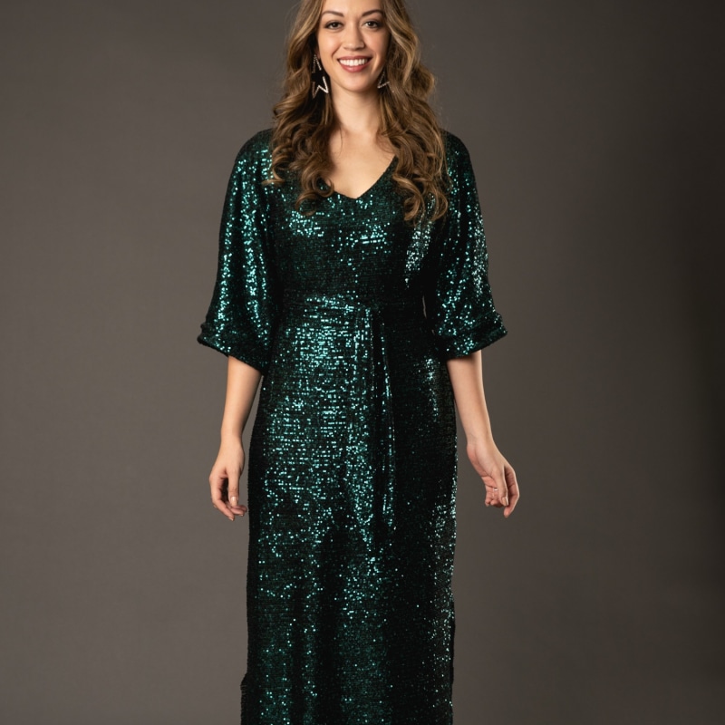 Thumbnail of Emerald Sequin Batwing Dress With Obi Belt image