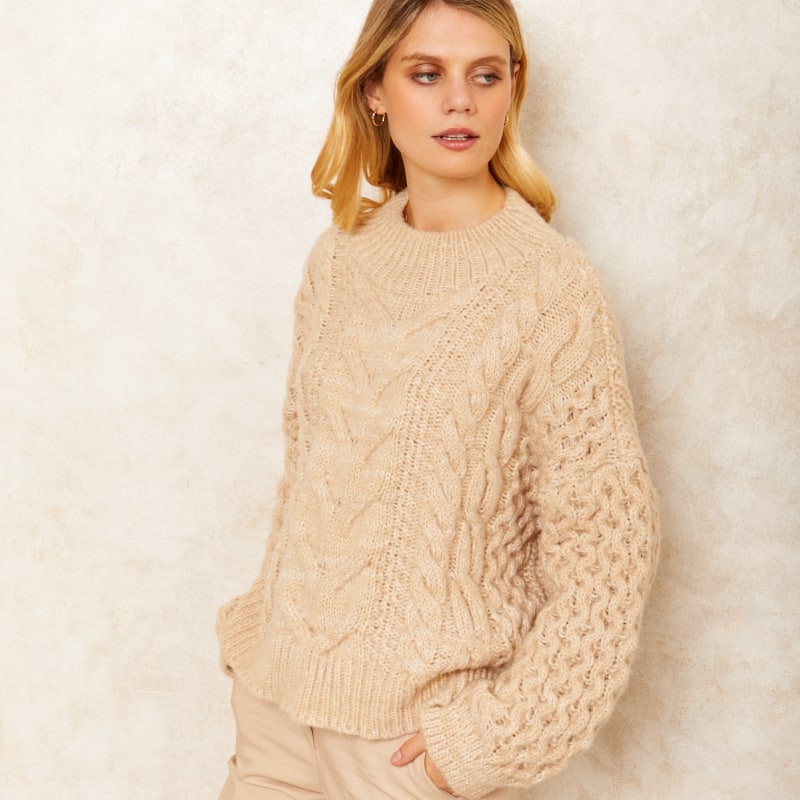 Thumbnail of Bella Cable Balloon Sleeve Jumper - Biscuit image
