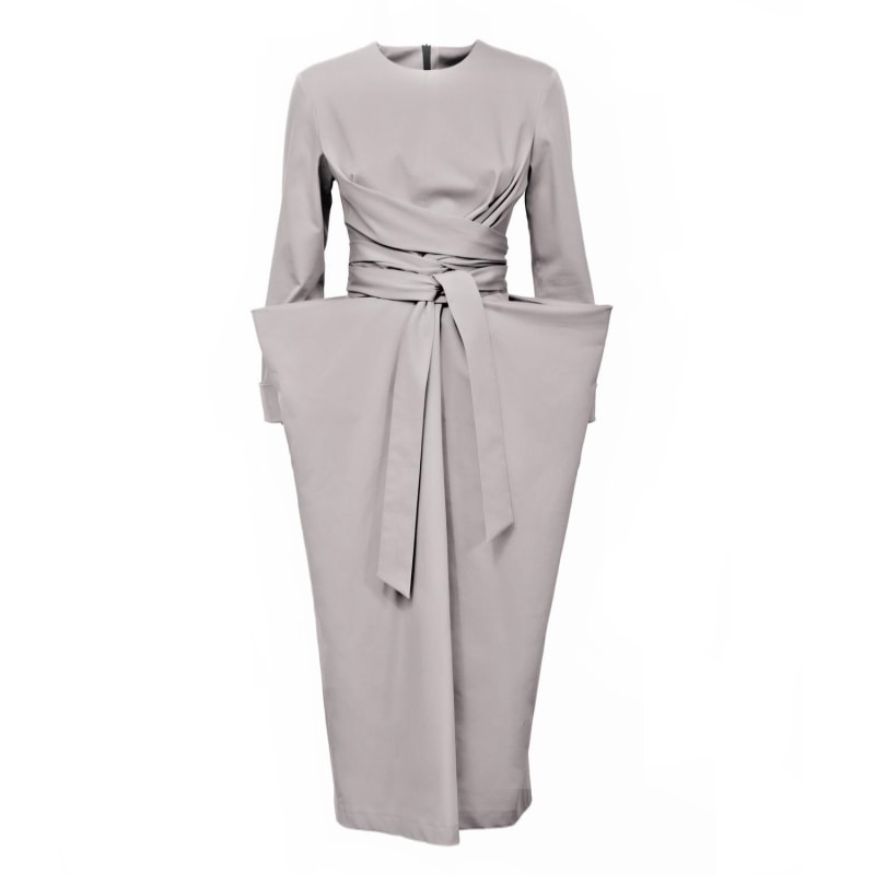 Thumbnail of Grey Designer Midi Dress With Belt image
