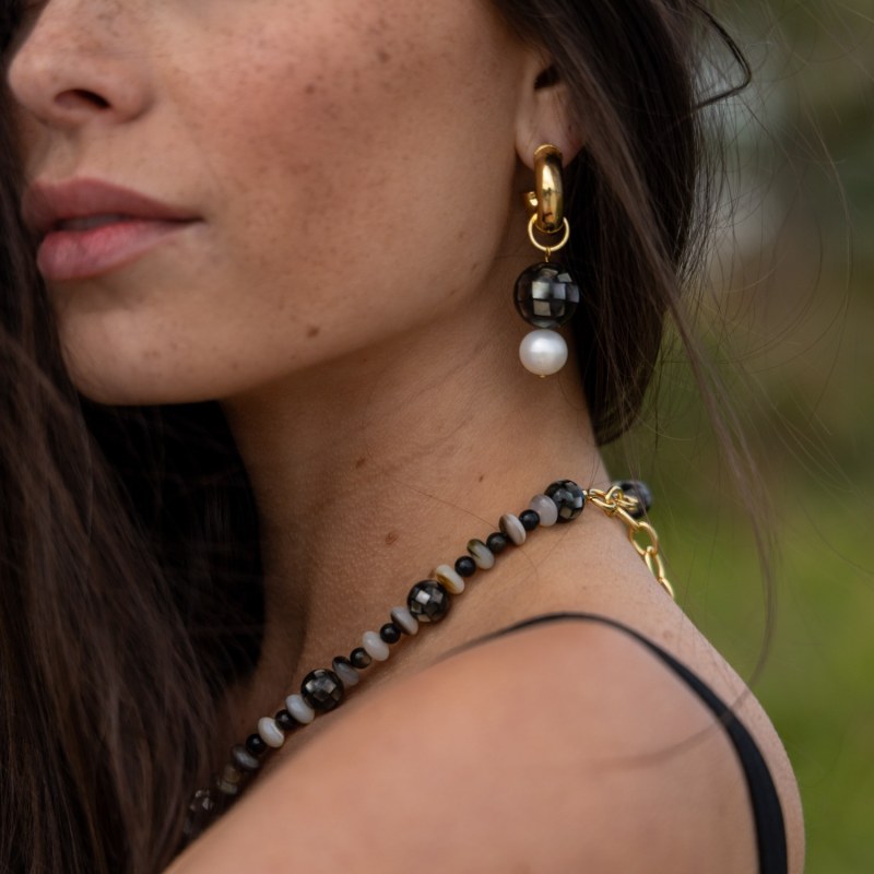 Mabel Black Lip Shell Mosaic And Freshwater Pearl Earrings by Rodela