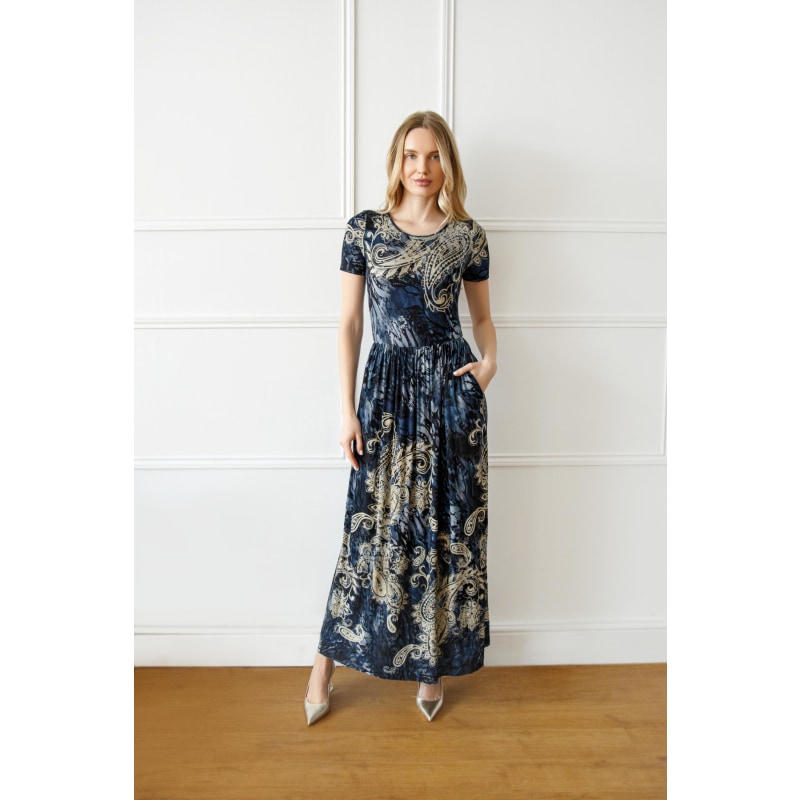 Magnificent Long Jersey Blue And Gold Dress With Pockets Magnificent Long Jersey Blue And Gold Dress With Pockets