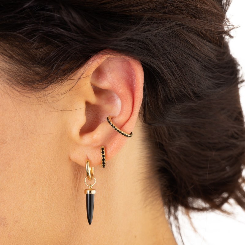 Thumbnail of Gold Huggie Earrings With Black Stones image