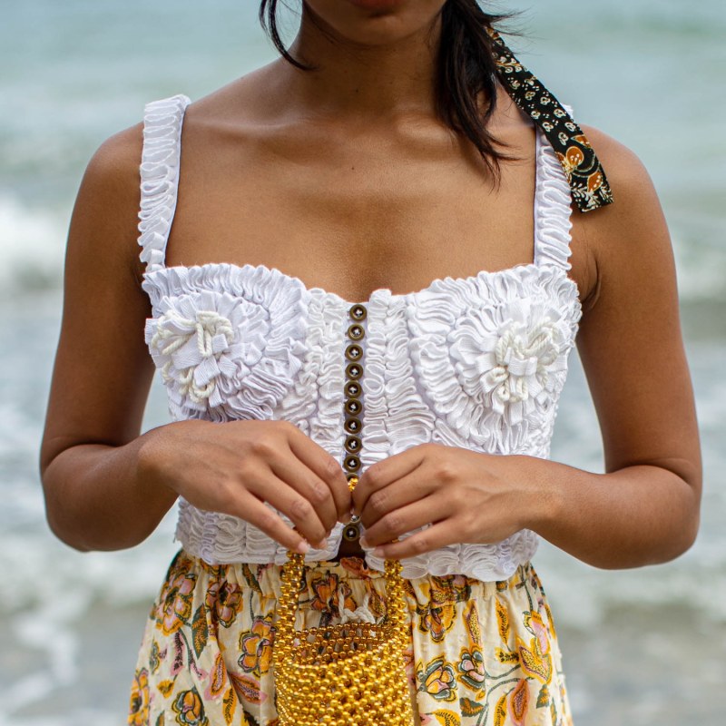 Thumbnail of Marigold Hand-Embroidered Ribbon Bustier Top In White image