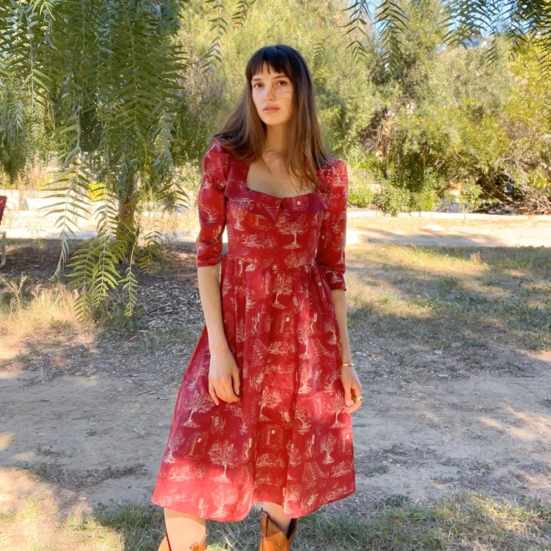 Thumbnail of Marisol Dress With Portrait Neckline In Ruby Red & Alabaster Toile Cotton image