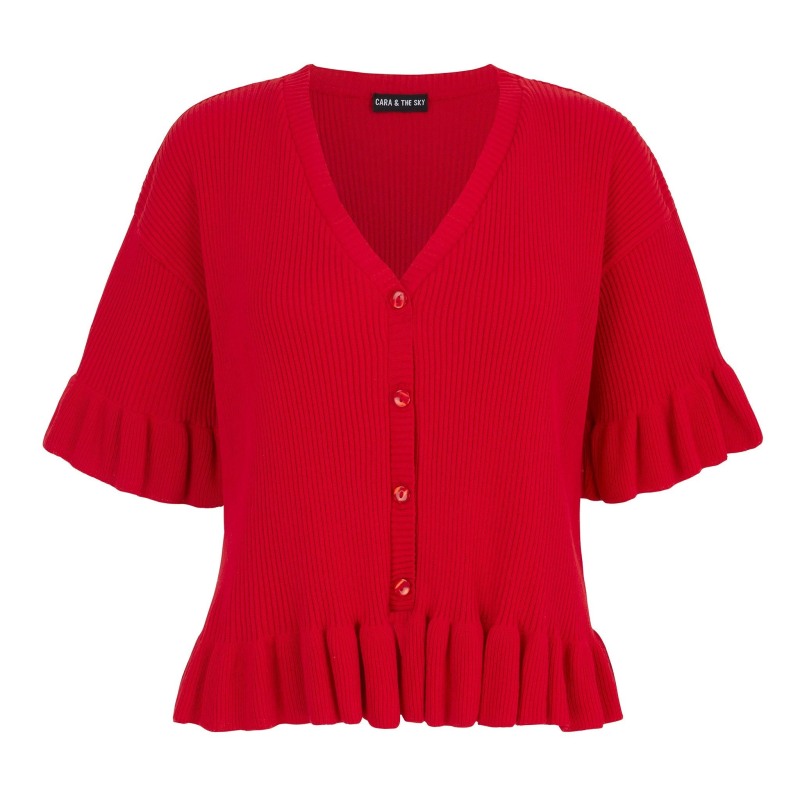 Marlow Ruffle Co Ord Short Sleeve Cardigan Red Cara The Sky Wolf Badger
