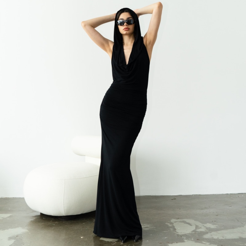 Thumbnail of Martini Open Back Hooded Long Black Dress image