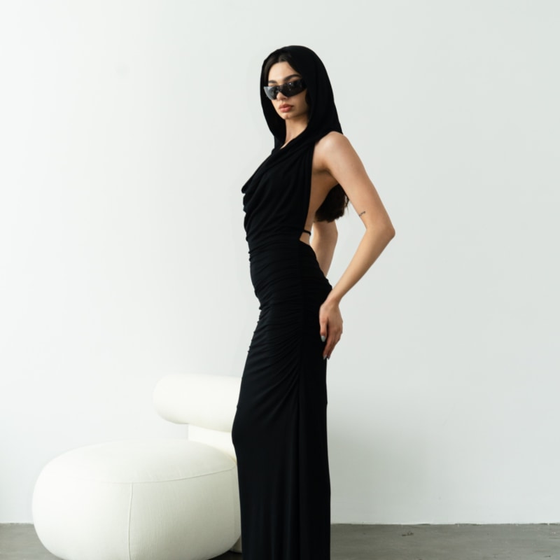 Thumbnail of Martini Open Back Hooded Long Black Dress image