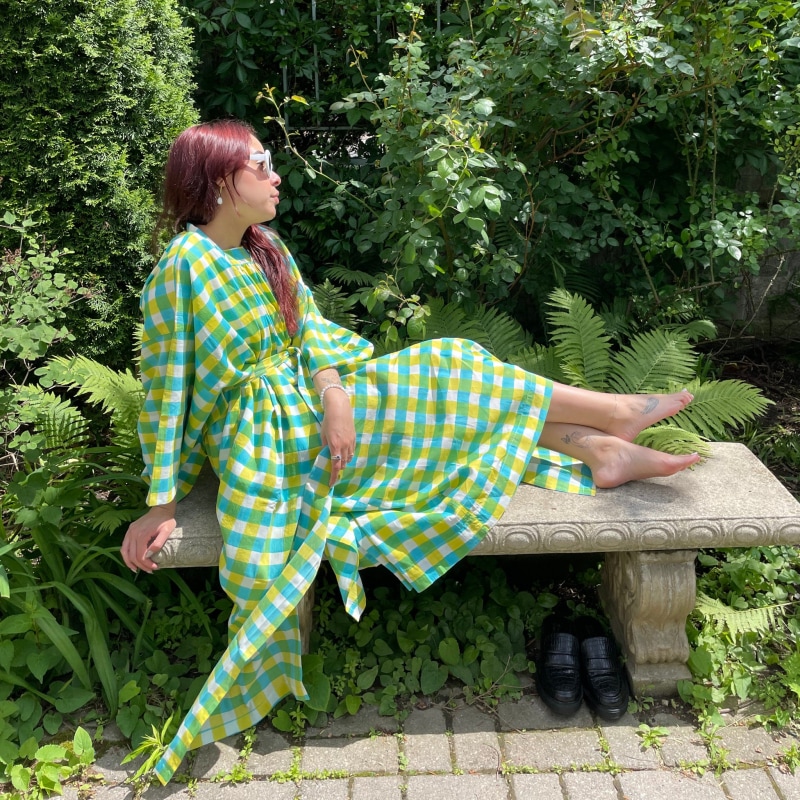 Thumbnail of Maxi Lena Organic Cotton Long Lounge Kimono Robe With Obi Belt Tie And Hidden Sleeve Pockets In Citrus Yellow Green And Blue Gingham Block Print image