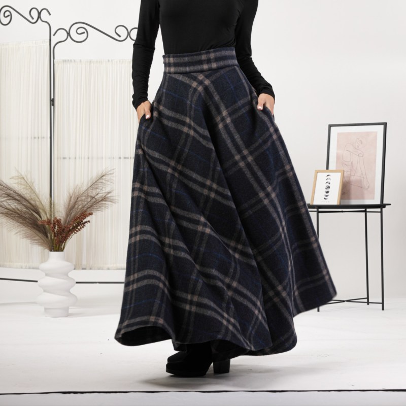 Thumbnail of Wool Tartan Plaid Floor Length Skirt With High Waist And Pockets image