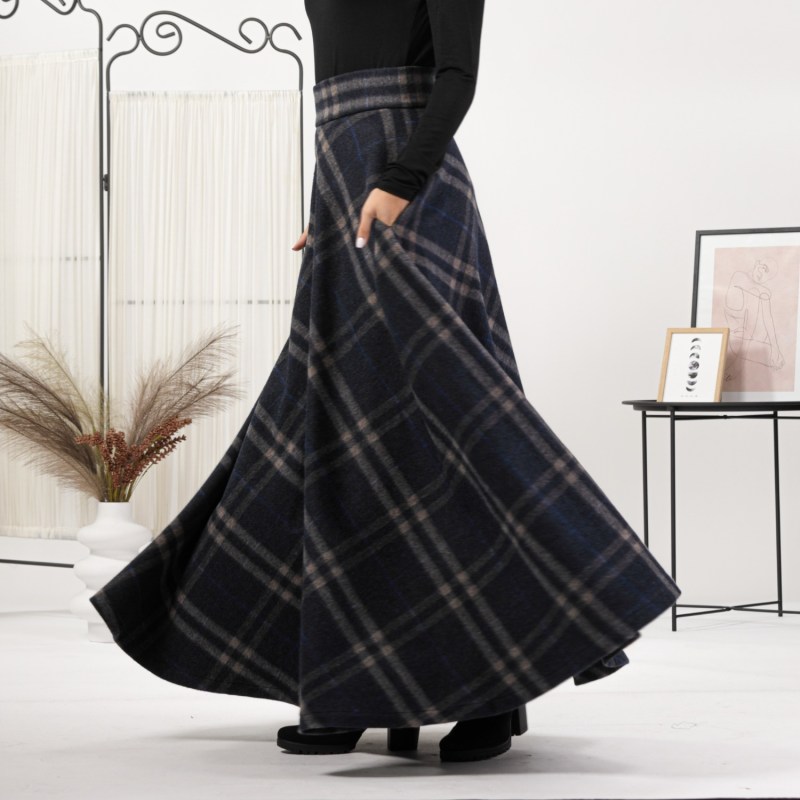 Thumbnail of Wool Tartan Plaid Floor Length Skirt With High Waist And Pockets image