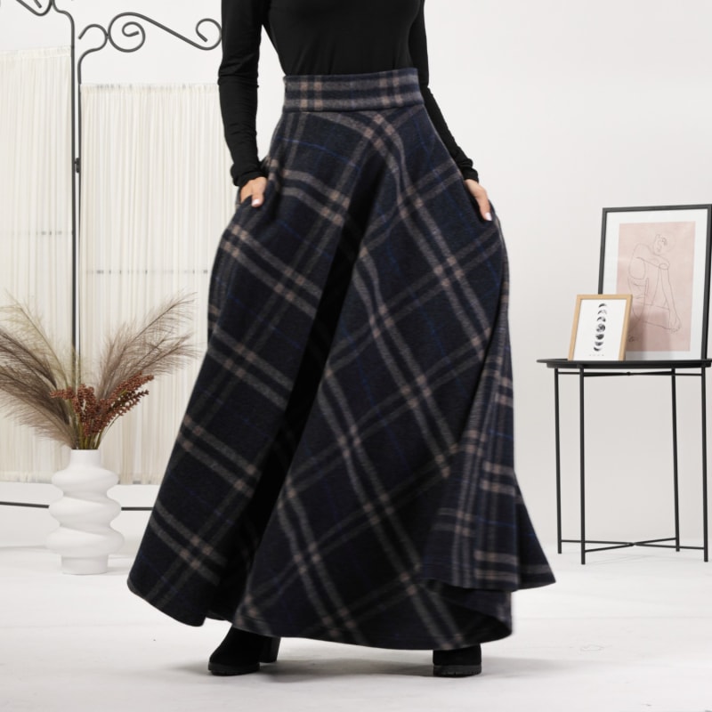 Thumbnail of Wool Tartan Plaid Floor Length Skirt With High Waist And Pockets image