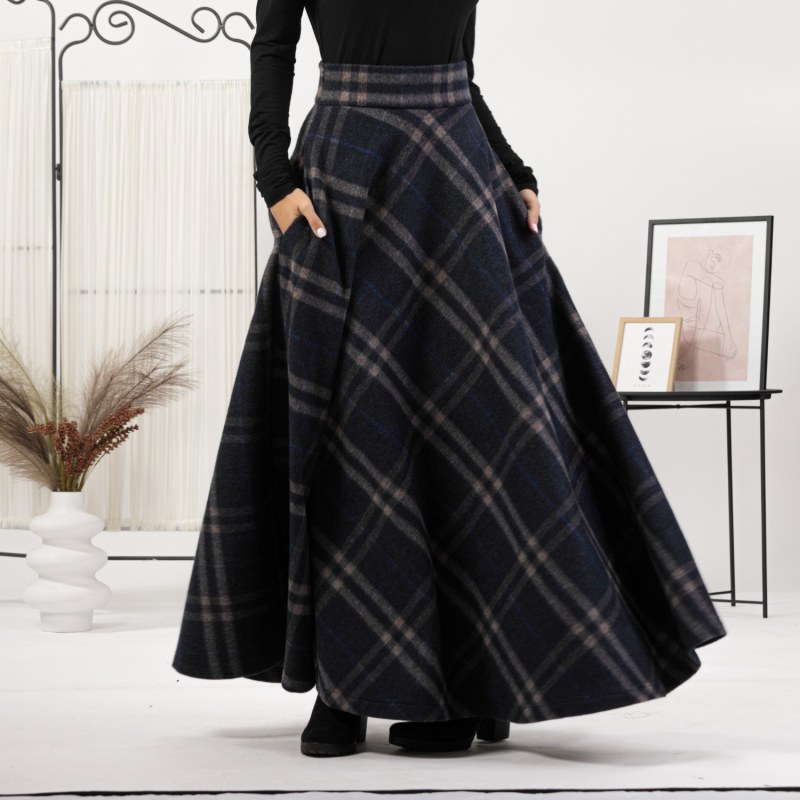 Thumbnail of Wool Tartan Plaid Floor Length Skirt With High Waist And Pockets image