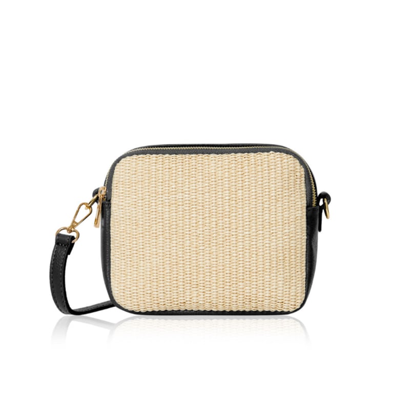 Maya Raffia Straw And Leather Crossbody Bag In Black by Betsy Floss