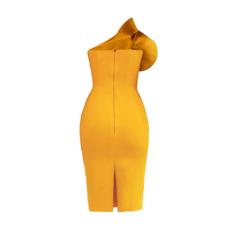 Yellow one shoulder draped midi dress deals