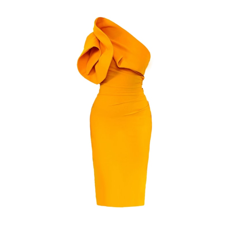 Yellow one shoulder draped midi shop dress