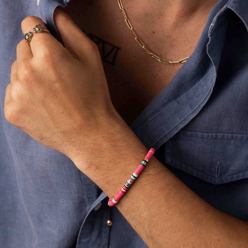 Men's Beaded Bracelet with Pink and Gold Disc Beads