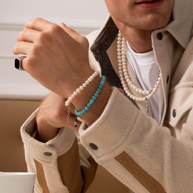 Men s Beaded Bracelet With Turquoise Silver Nialaya Wolf Badger
