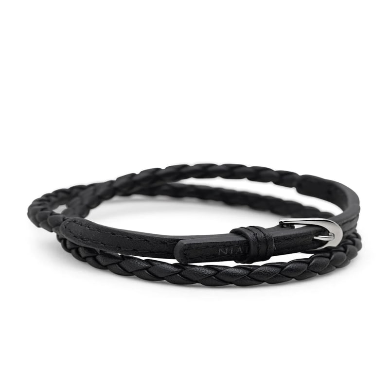 Men's Black Wrap Around Leather Bracelet With Buckle Closure, Nialaya