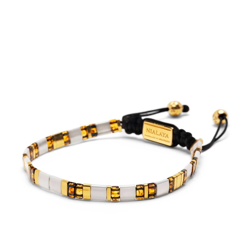 Thumbnail of Men's Bracelet With White, Marbled Amber And Gold Miyuki Tila Beads image
