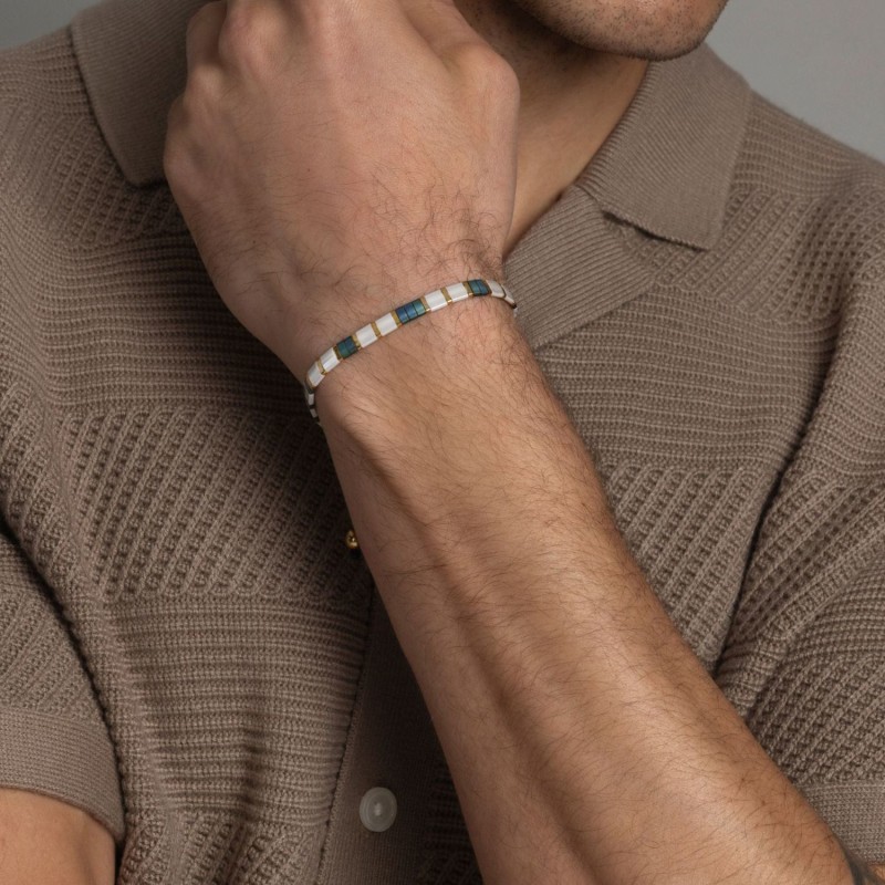 Thumbnail of Men's Bracelet With White, Patina Green And Gold Miyuki Tila Beads image