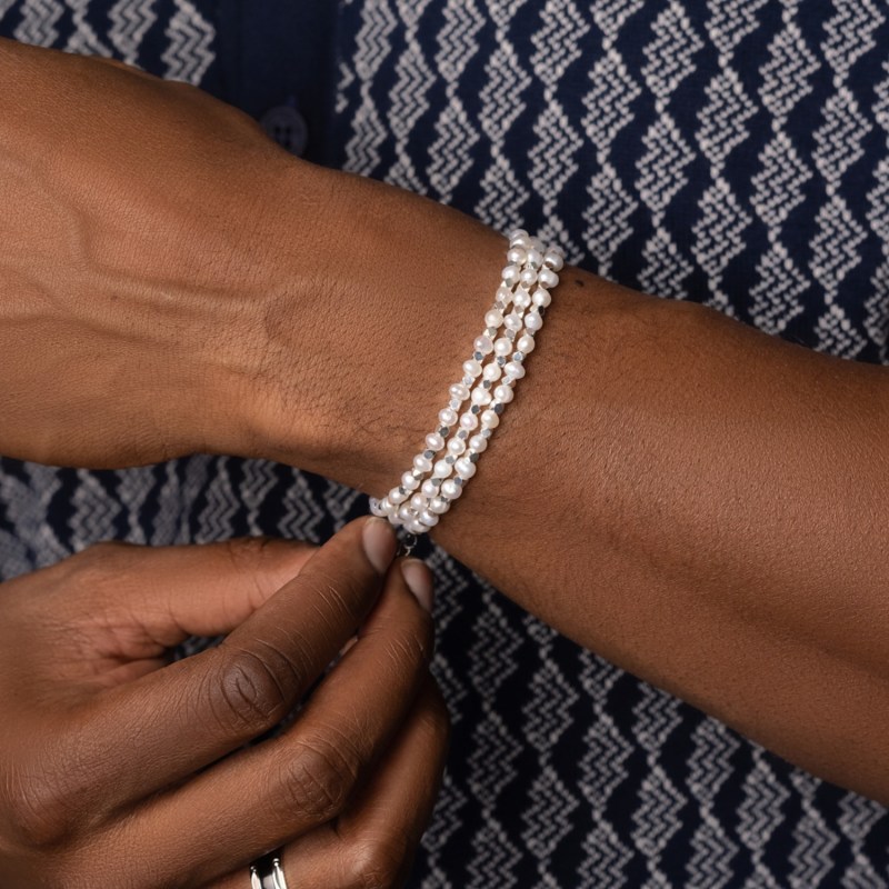 Men s Silver Wrap Around Bracelet With Pearls by Nialaya