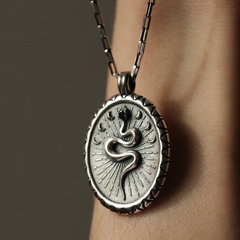 Thumbnail of Men's Snake Talisman Necklace In Oxidised Silver image