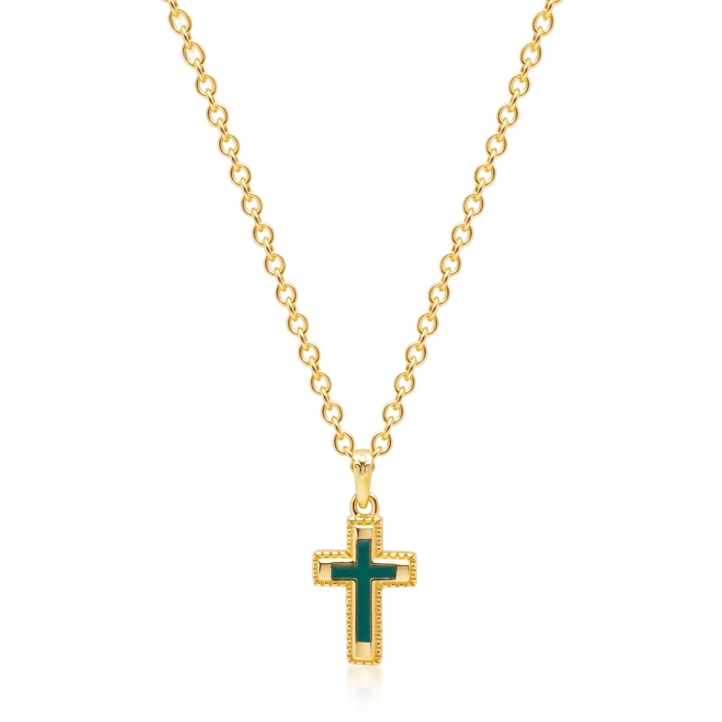 Thumbnail of Men's Sterling Silver Gold Plated Mini Cross Necklace with Green Enamel image