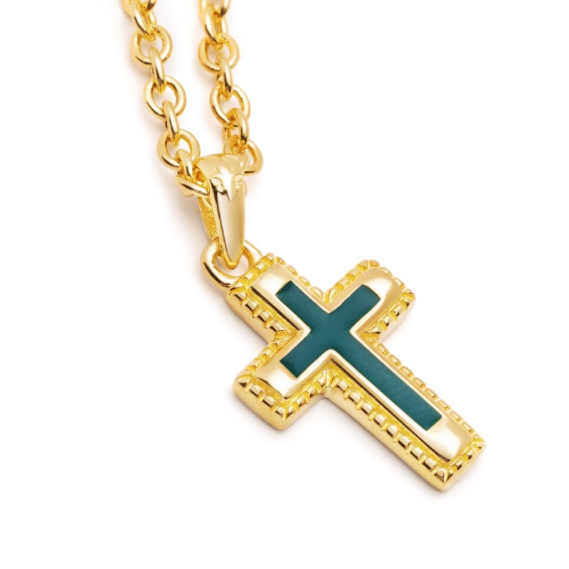 Thumbnail of Men's Sterling Silver Gold Plated Mini Cross Necklace With Green Enamel image