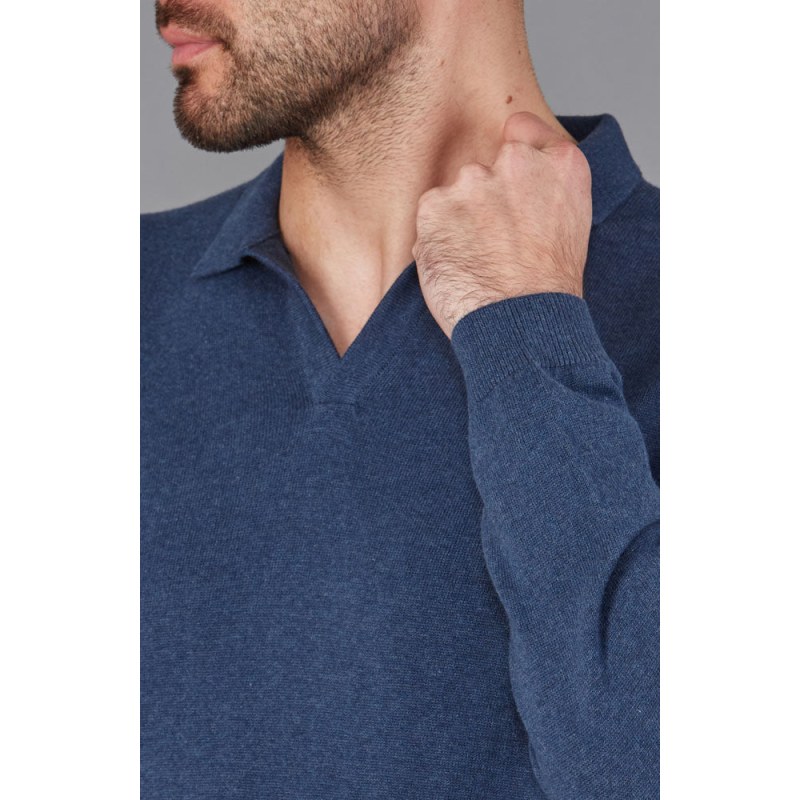 Thumbnail of Mens Cotton Lightweight Lyndon Buttonless Polo Shirt - Blue Melange image