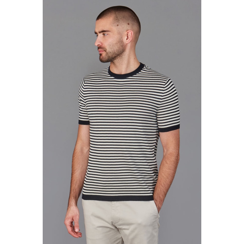 Pebish Forberedende navn fugtighed Mens Ultra-Fine Cotton Antonio Knitted Narrow Breton Stripe T-Shirt - Navy  | Paul James Knitwear | Wolf & Badger