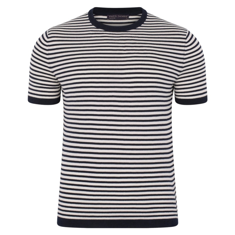Mens Ultra-Fine Cotton Antonio Knitted Narrow Breton Stripe T-Shirt ...