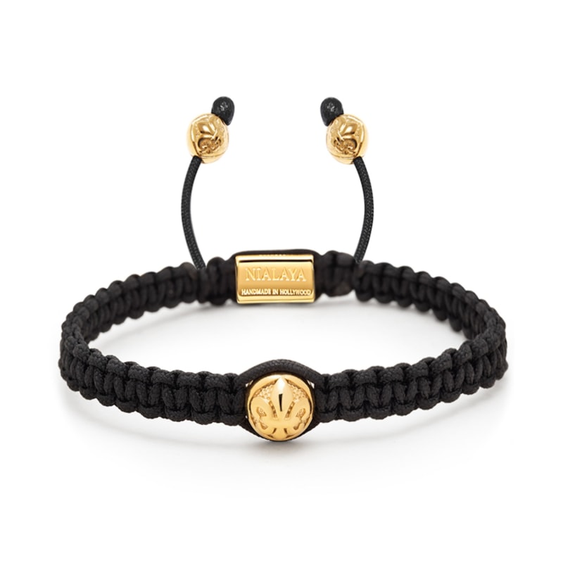 Mens Black String Bracelet With Gold Logo Bead, Nialaya