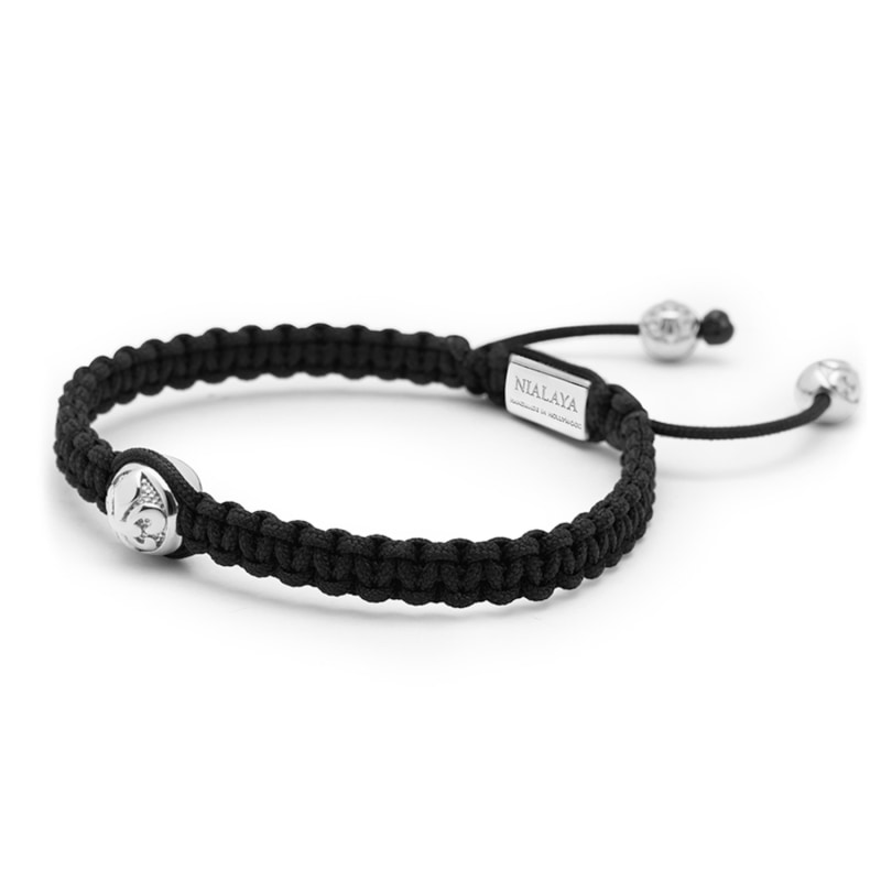 Mens Black String Bracelet With Silver Logo Bead by Nialaya