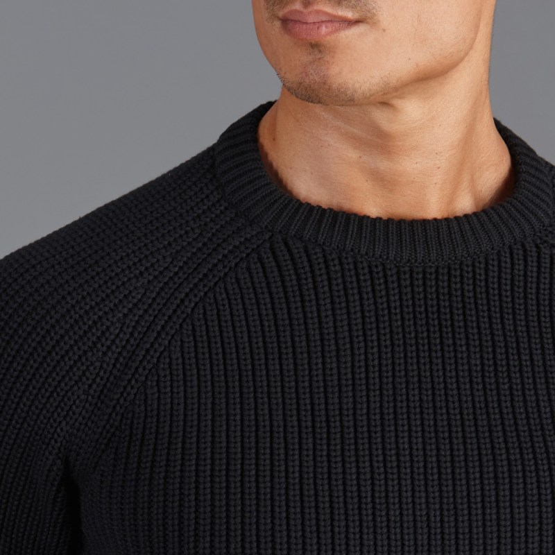 Mens Cotton Clark Fisherman Rib Knit Jumper - Black by Paul James Knitwear