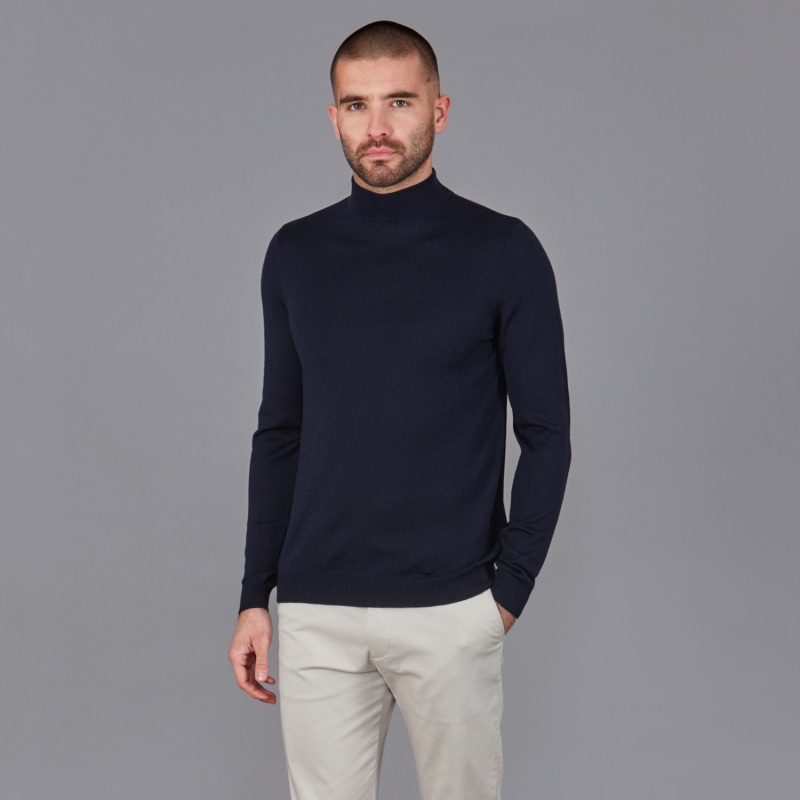 Mens Extra Fine Merino Wool Mock Turtleneck Shaw Jumper Navy by Paul James Knitwear