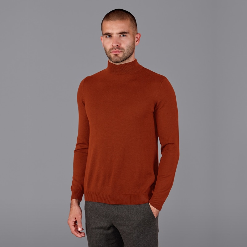 Mens Extra Fine Merino Wool Mock Turtleneck Shaw Jumper Spice by Paul James Knitwear