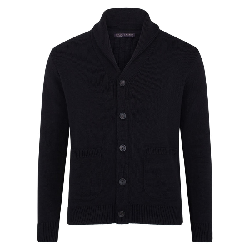 Mens Midweight Cotton Shawl Collar Sebastian Cardigan - Black by Paul James  Knitwear