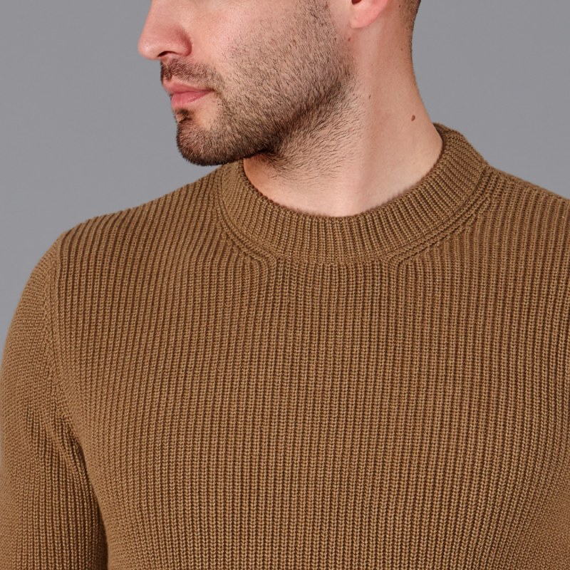 Mens Midweight Cotton Fisherman Rib Noah Jumper Camel Paul James  Knitwear Wolf  Badger