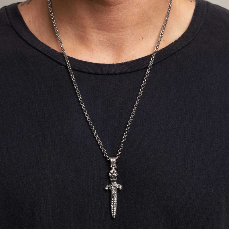 Thumbnail of Mens Silver Skull Sword Necklace image