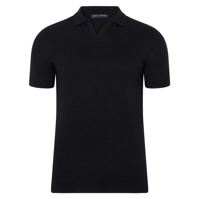 Mens Superfine Leonardo Merino Silk Buttonless Polo Shirt - Black