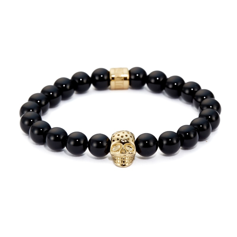 Thumbnail of Black Onyx & Perforated Gold Skull Charm Bracelet image