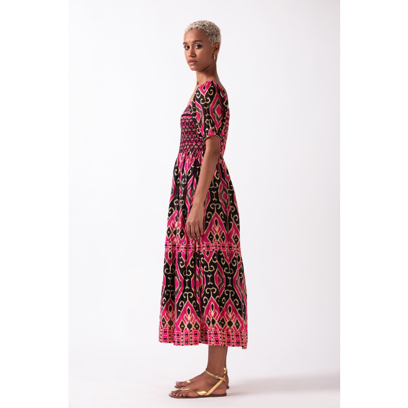 Thumbnail of Merris - Pink & Black Midi Dress With Smocked Bodice image