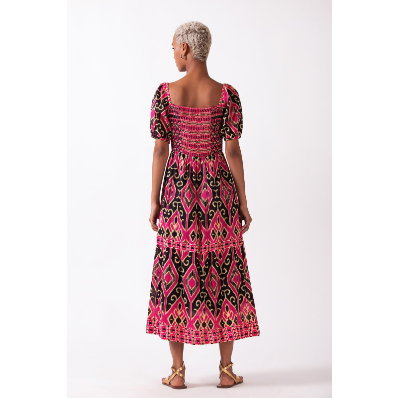 Thumbnail of Merris - Pink & Black Midi Dress With Smocked Bodice image