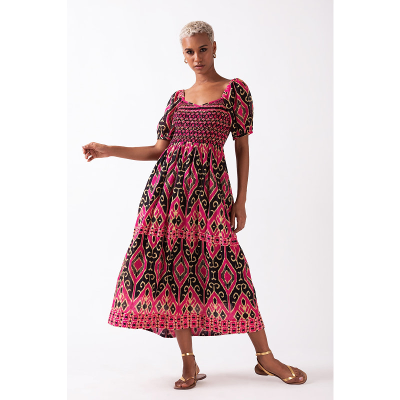 Thumbnail of Merris - Pink & Black Midi Dress With Smocked Bodice image